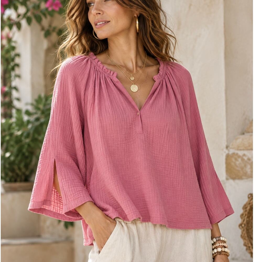 Calme Johnny Was Liya Top XS Pink Organic Cotton Gauze Boho Split Sleeve